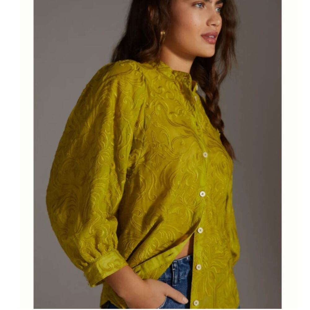 Anthropologie Pilcro Bella Embroidered Semi Sheer Button Down Blouse Green Sz XS - Picture 10 of 14